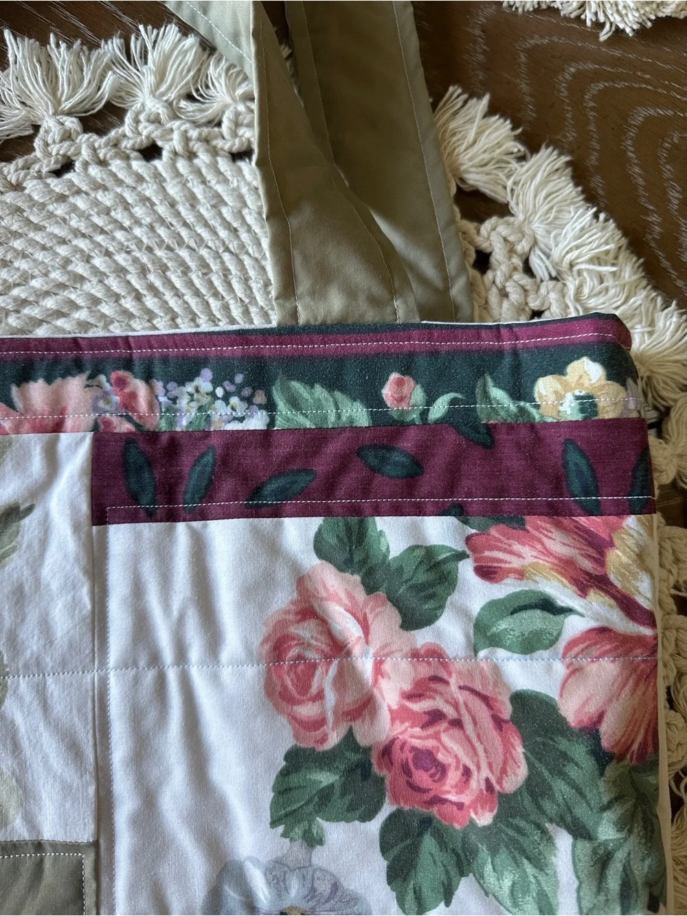 Patchwork Floral Quilted Tote Bag in Burgundy and Cream